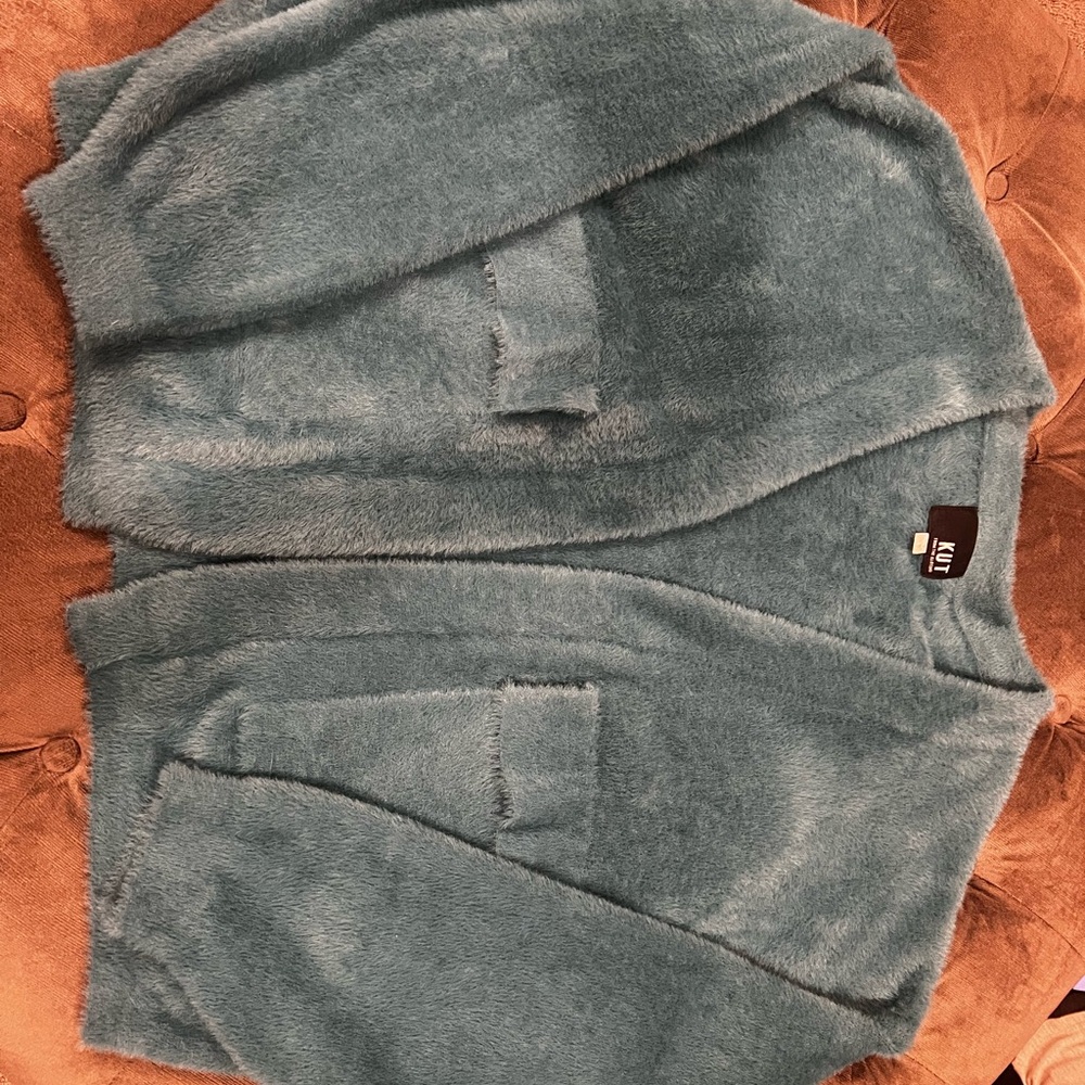 KUT from the Kloth Fuzzy Cropped Cardigan in Teal